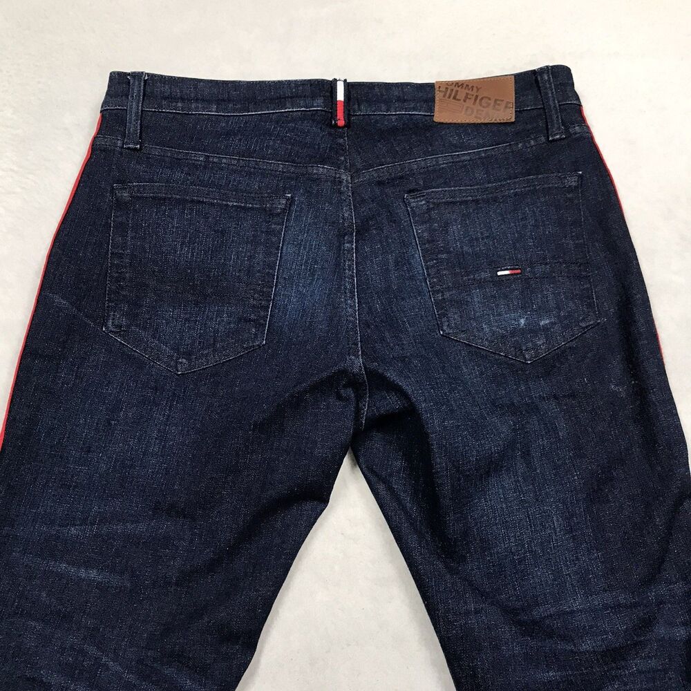 TOMMY HILFIGER Slim Taper Jean Men 33x30 Dark Wash Racing Stripe Honeycomb - Picture 5 of 16